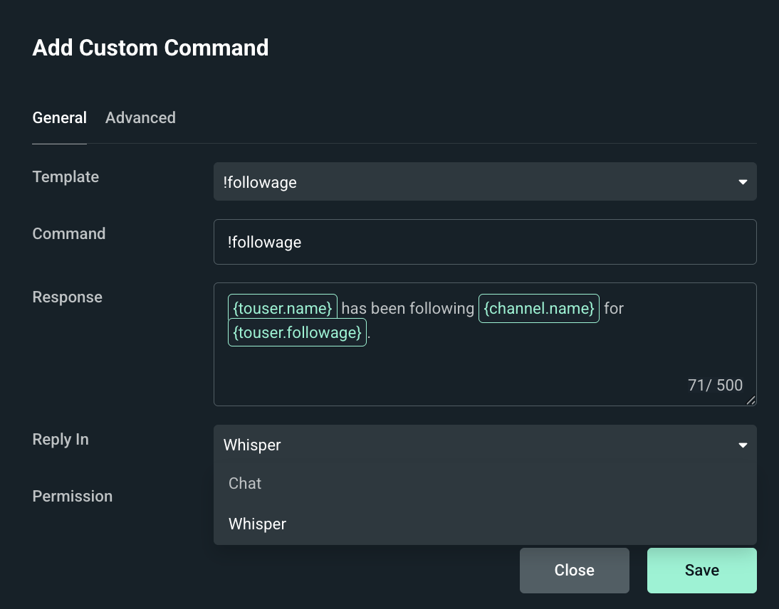 Reply in options in the custom commands window for Cloudbot